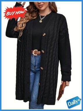 Cable Knit Long Cardigan Sweater Button Front Open Front Pockets